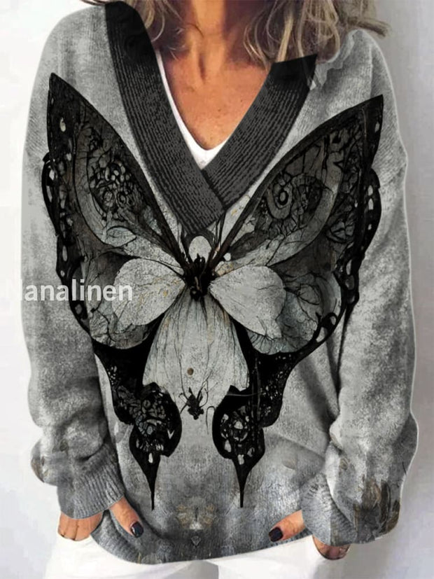 Elegant Retro Floral Printed V-Neck Casual Comfortable Long-Sleeved Loose Sweatshirt A / S