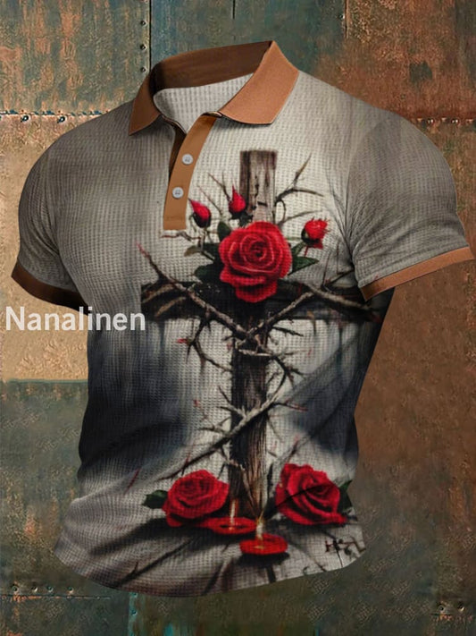Faith Art Waffle Texture Pattern Printed Village V-Neck Short Sleeves Shirt A / S