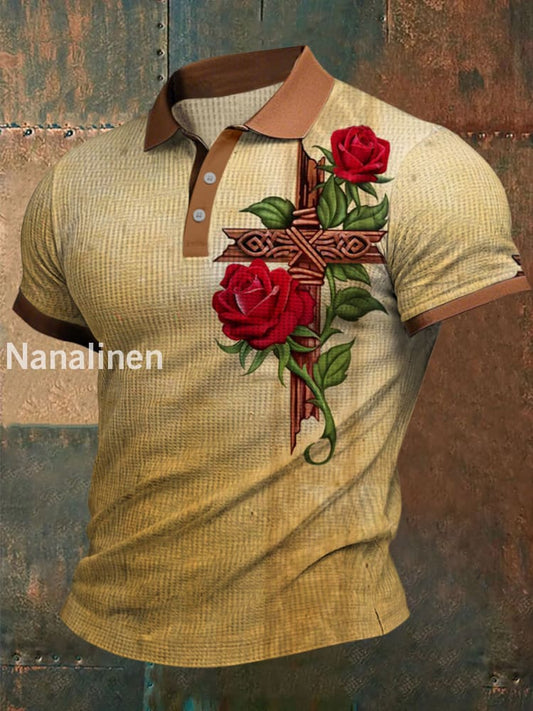 Faith Art Waffle Texture Pattern Printed Village V-Neck Short Sleeves Shirt A / S