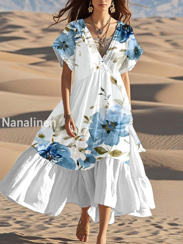 Fashion Modern Floral Art Print Casual V Neck Dress As picture / S