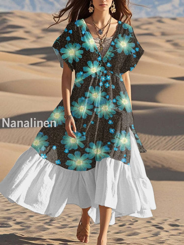 Fashion Modern Floral Art Print Casual V Neck Dress As picture / S