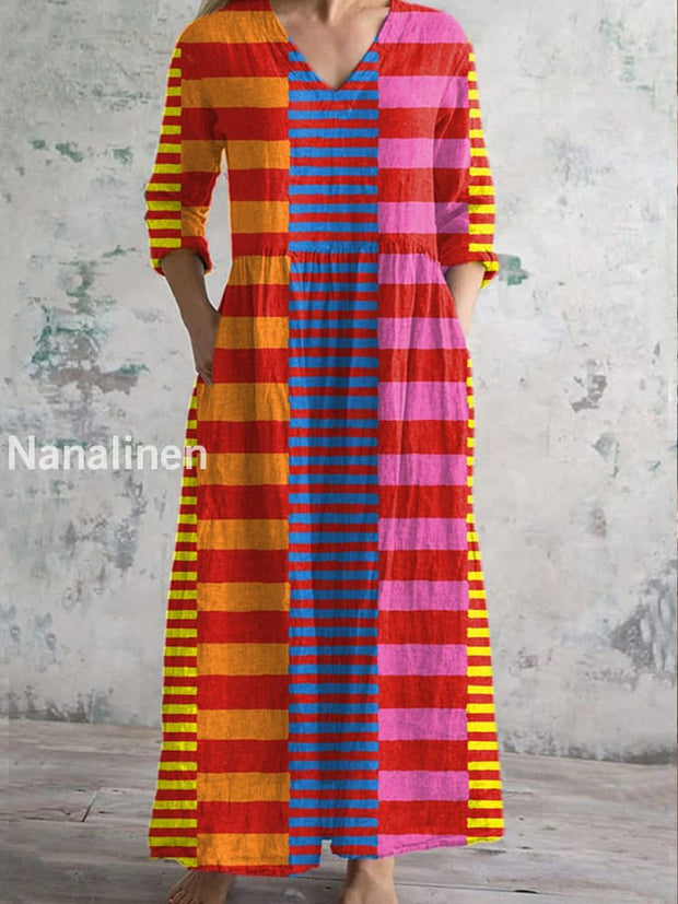 Fashion Modern Geometric Stripe Art Print V Neck Dress As picture / S