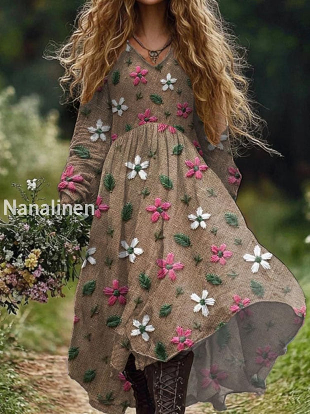 Fashionable Retro Floral Illustration Print V-Neck Midi Dress As picture / S