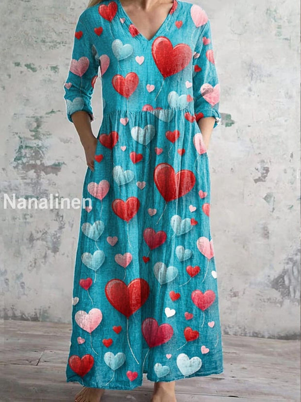 Fashionable Retro Valentine’s Day Heart Flower Illustration Printed V-Neck Midi Dress As picture / S