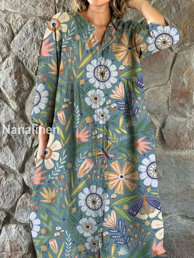 Floral Art Print V-Neck Button-Down Long-Sleeve Midi Dress A / S