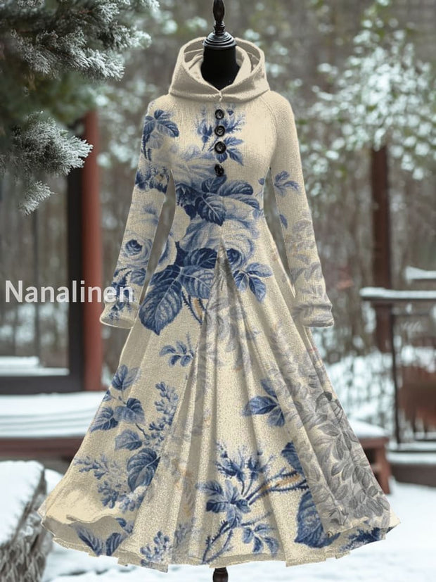 Floral Print Hooded Splicing Long Sleeve 50S Elegant Slim Fake Two-Piece Mid-Length Skirt A / S