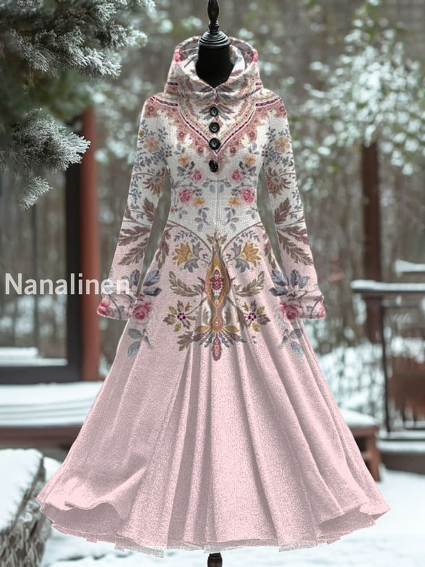 Floral Print Hooded Splicing Long Sleeve 50S Elegant Slim Fake Two-Piece Mid-Length Skirt A / S