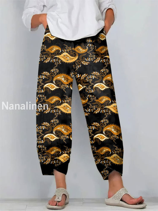 Fun Bohemia Print Art Cropped Casual Cotton Pants Colorful / S