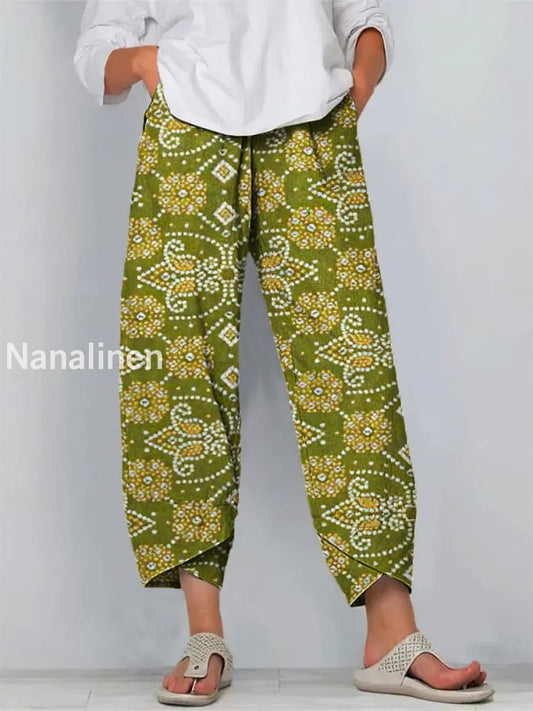 Fun Boho Floral Print Art Cropped Casual Cotton Pants Colorful / S