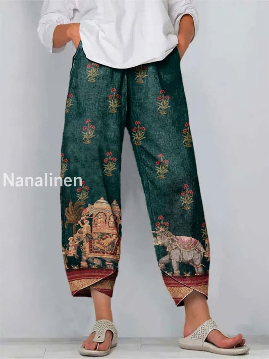 Fun Elephent Print Art Cropped Casual Cotton Pants Colorful / S