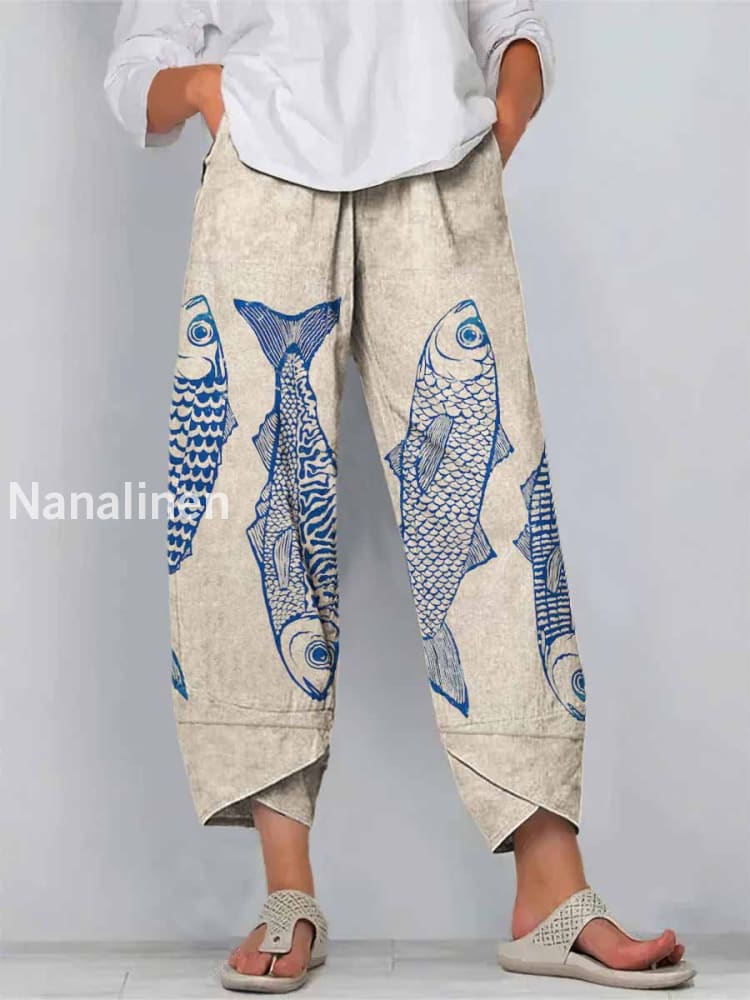 Fun Fish Print Art Cropped Casual Cotton Pants Colorful / S