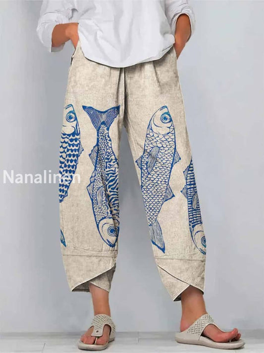 Fun Fish Print Art Cropped Casual Cotton Pants Colorful / S
