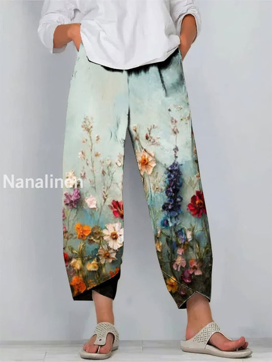 Fun Floral Print Art Cropped Casual Cotton Pants Colorful / S