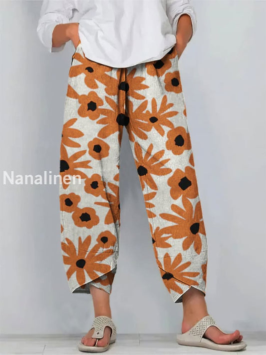 Fun Floral Print Art Cropped Casual Cotton Pants Colorful / S