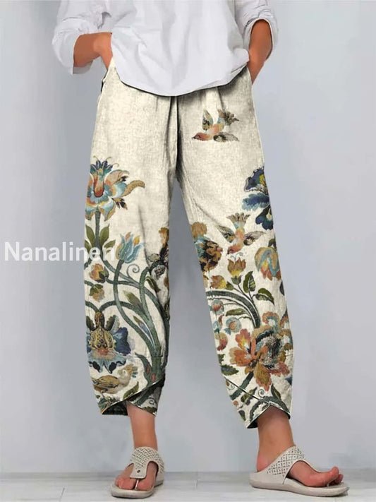 Fun Flowers Print Art Cropped Casual Cotton Pants Colorful / S