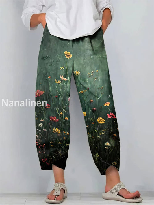Fun Flowers Print Art Cropped Casual Cotton Pants Colorful / S