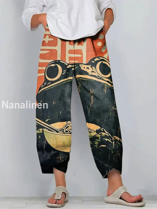 Fun Frog Print Art Cropped Casual Cotton Pants Colorful / S