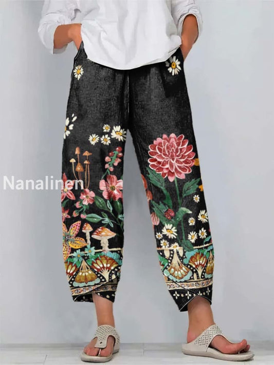 Fun Lotus Print Art Cropped Casual Cotton Pants Colorful / S