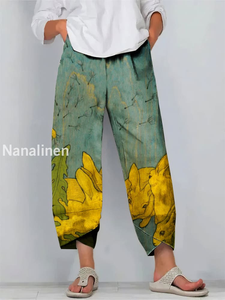 Fun Rabbit Print Art Cropped Casual Cotton Pants Colorful / S