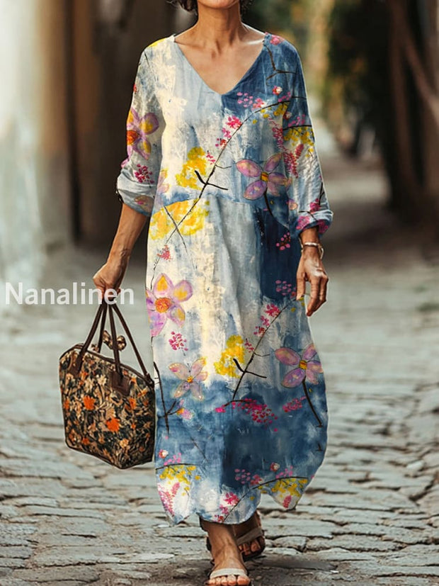 Gorgeous Floral Print Relaxed V-Neck Midi Dress As picture / S