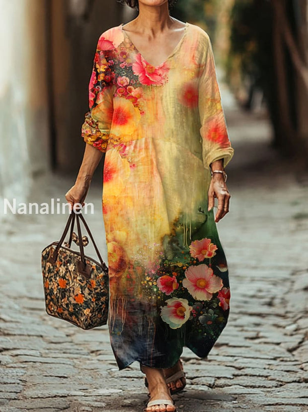 Gorgeous Floral Print Relaxed V-Neck Midi Dress As picture / S