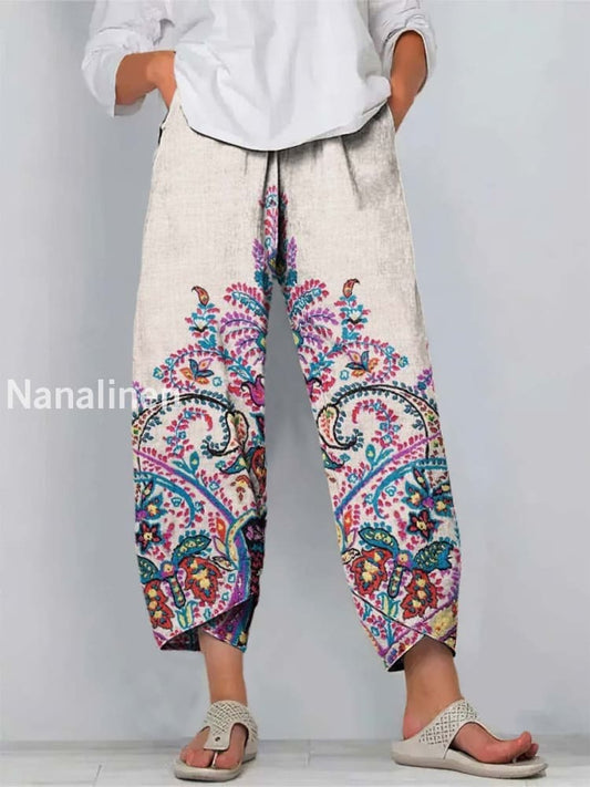 Hippie Style Print Art Cropped Casual Cotton Pants Colorful / S