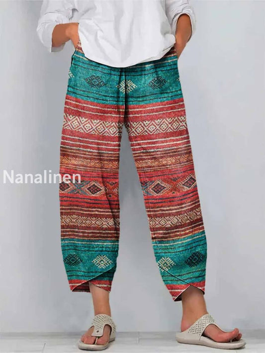 Hippie Style Print Art Cropped Casual Cotton Pants Colorful / S