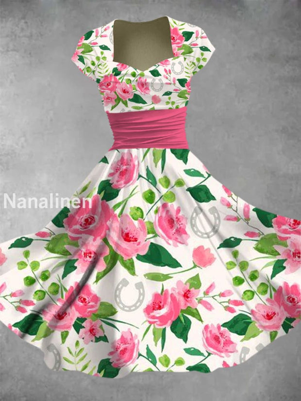 Kentucky Derby Horse Art Printed Vintage V-Neck Pleated Waist Short Sleeve Midi Dress A / S