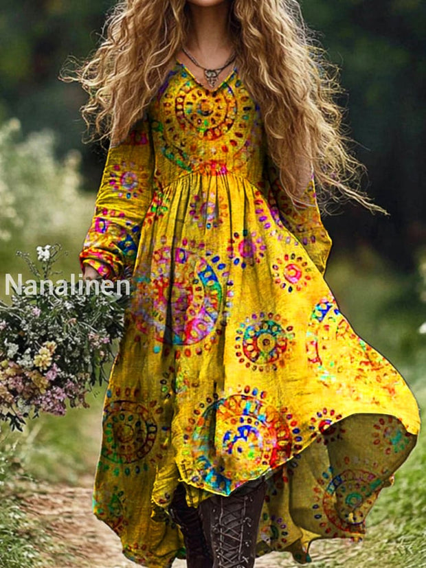 Ladies Ethnic Flowers Art Floral Print V-Neck Long Sleeve Long Dress Yellow / S