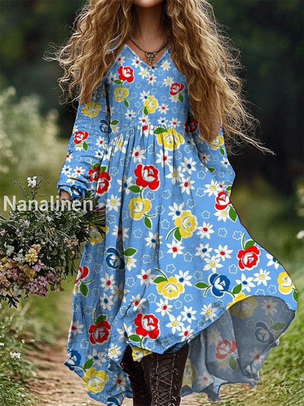 Ladies Fashion Elegant Art Floral Print V-Neck Long Sleeve Long Dress A / S