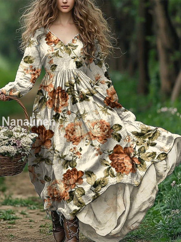 Ladies Fashion Elegant Art Floral Print V-Neck Long Sleeve Long Dress Apricot / S