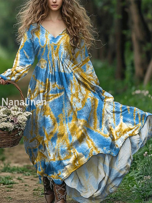 Ladies Fashion Elegant Art Floral Print V-Neck Long Sleeve Long Dress Blue / S