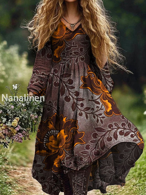 Ladies Fashion Elegant Art Floral Print V-Neck Long Sleeve Long Dress Brown / S