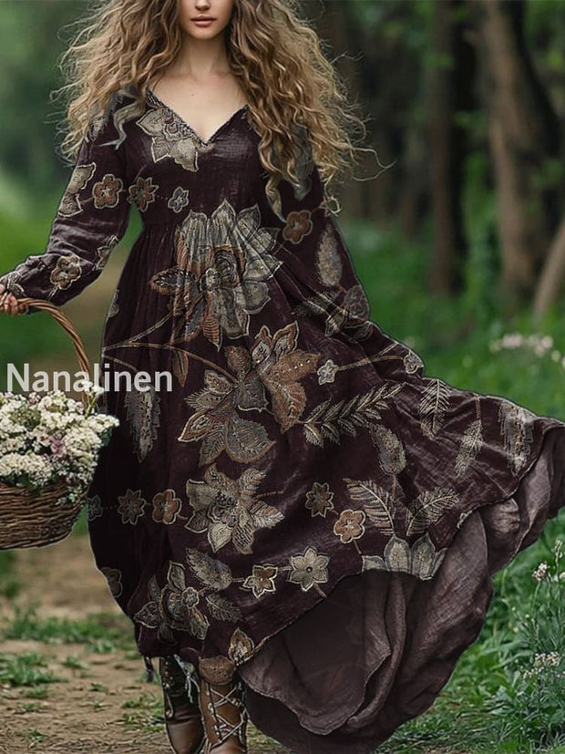 Ladies Fashion Elegant Art Floral Print V-Neck Long Sleeve Long Dress Dark Brown / S