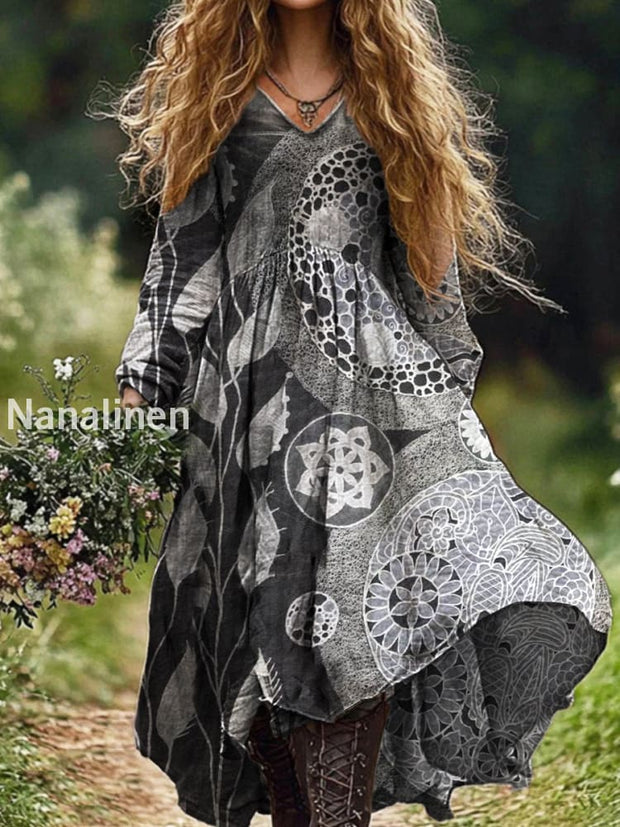 Ladies Fashion Elegant Art Floral Print V-Neck Long Sleeve Long Dress Dark Gray / S