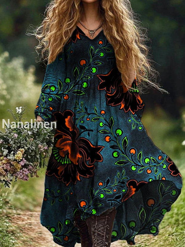 Ladies Fashion Elegant Art Floral Print V-Neck Long Sleeve Long Dress Dark Green / S