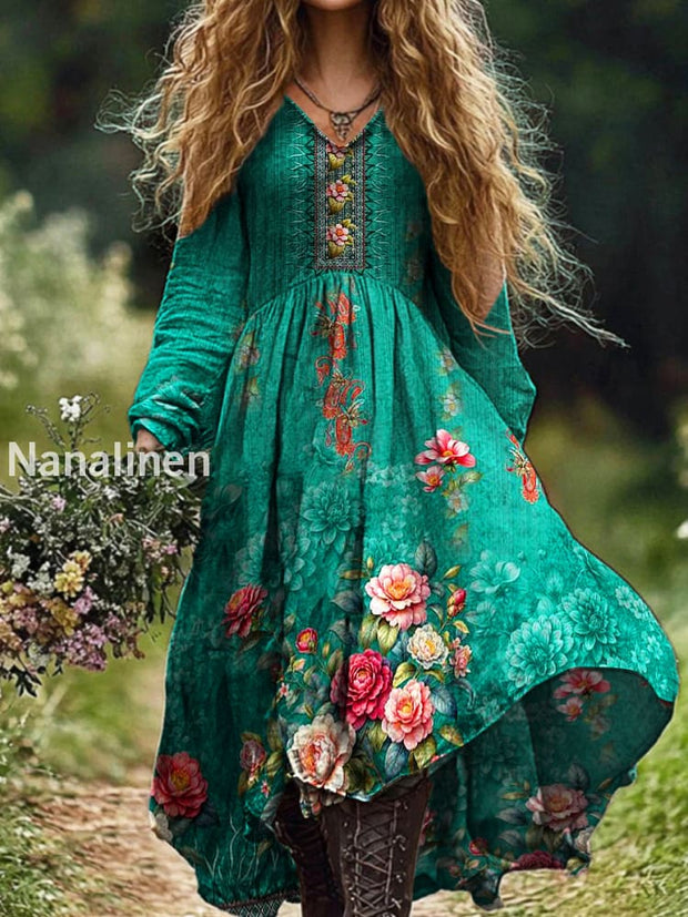 Ladies Fashion Elegant Art Floral Print V-Neck Long Sleeve Long Dress Green / S