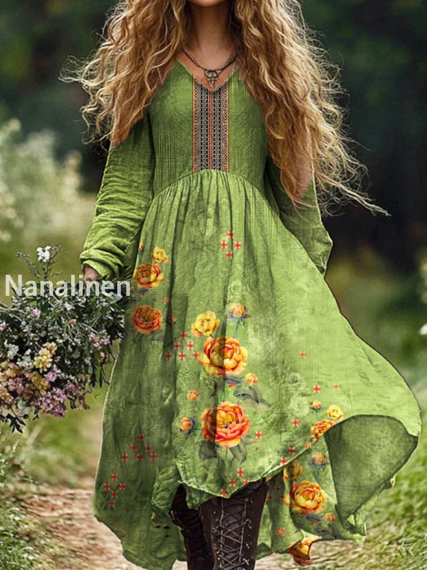 Ladies Fashion Elegant Art Floral Print V-Neck Long Sleeve Long Dress Green / S