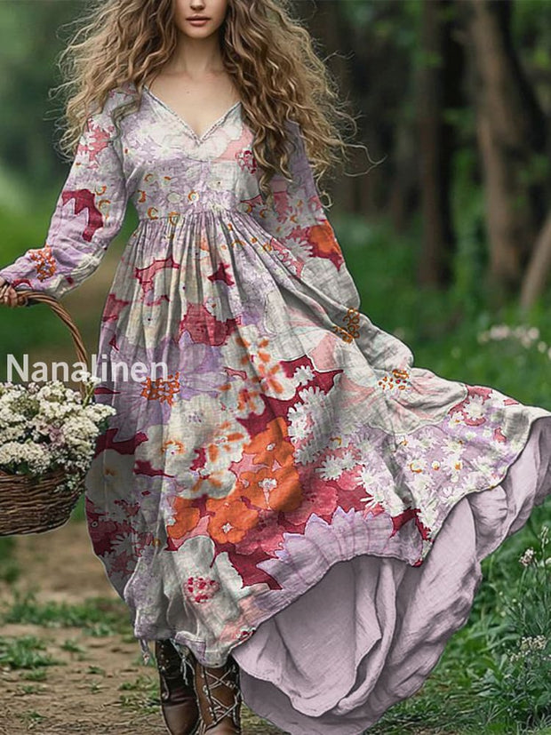 Ladies Fashion Elegant Art Floral Print V-Neck Long Sleeve Long Dress Pink / S