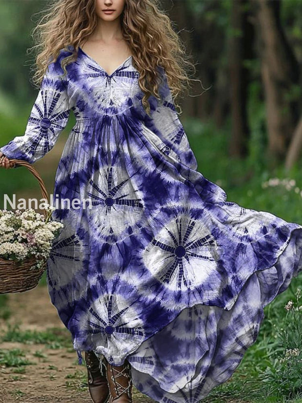 Ladies Fashion Elegant Art Floral Print V-Neck Long Sleeve Long Dress Purple / S