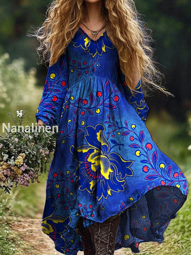 Ladies Fashion Elegant Art Floral Print V-Neck Long Sleeve Long Dress Royal Blue / S