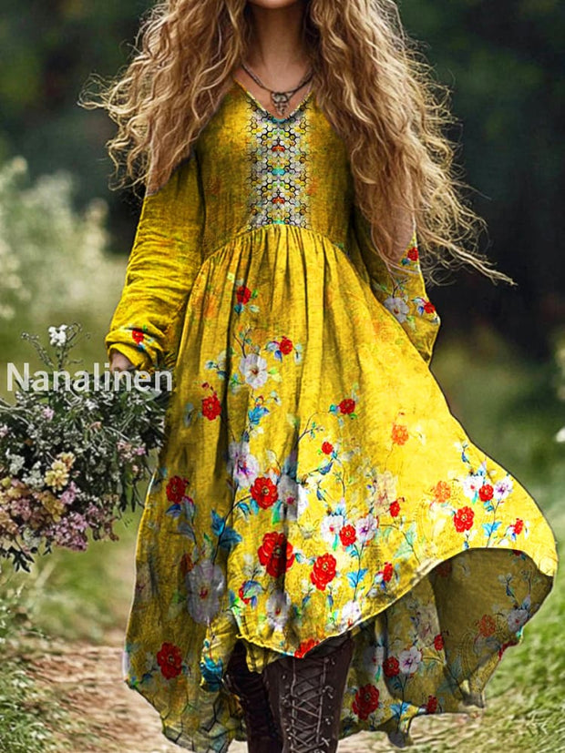 Ladies Fashion Elegant Art Floral Print V-Neck Long Sleeve Long Dress Yellow / S