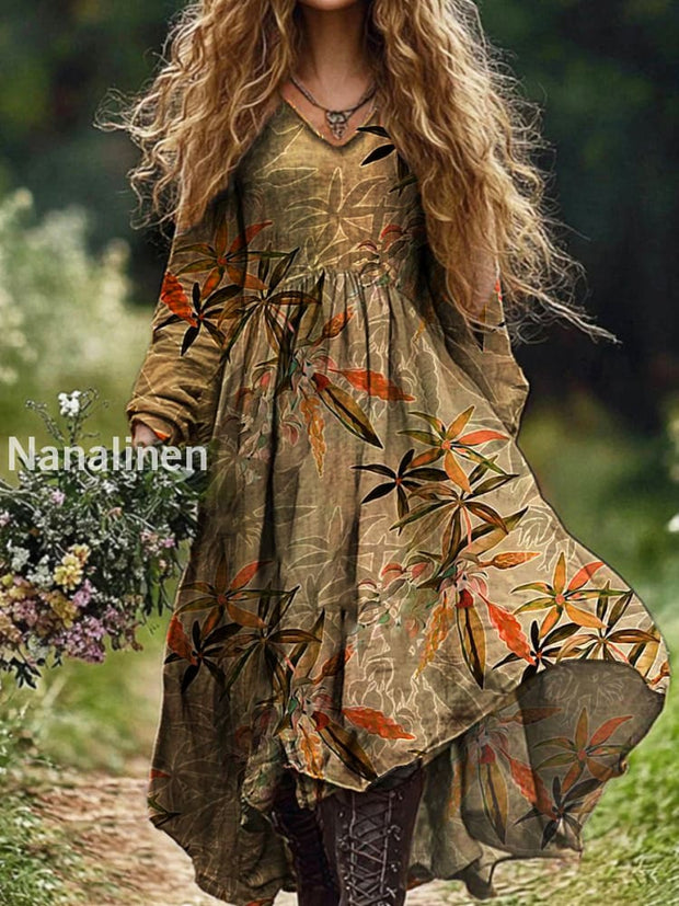 Ladies Fashion Elegant Art Retro Bamboo Leaves Print V-Neck Long Sleeve Long Dress Apricot / S