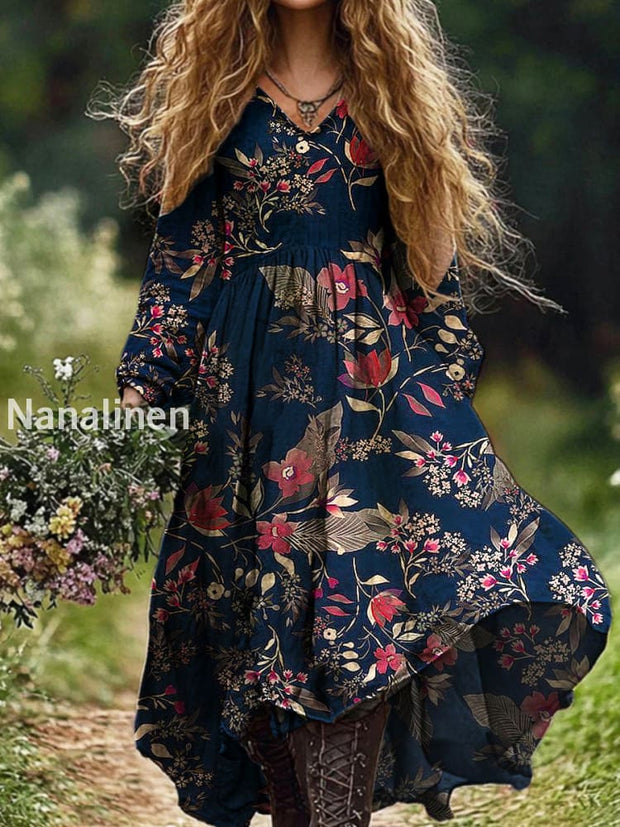 Ladies Fashion Elegant Art Retro Floral Print V-Neck Long Sleeve Long Dress Dark Blue / S