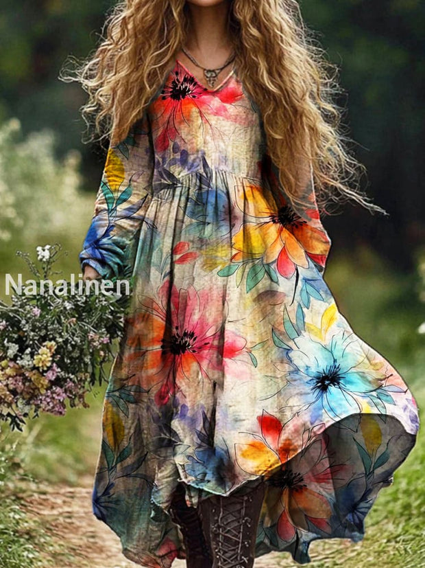 Ladies Fashion Elegant Art Watercolor Flowers Print V-Neck Long Sleeve Long Dress Colorful / S