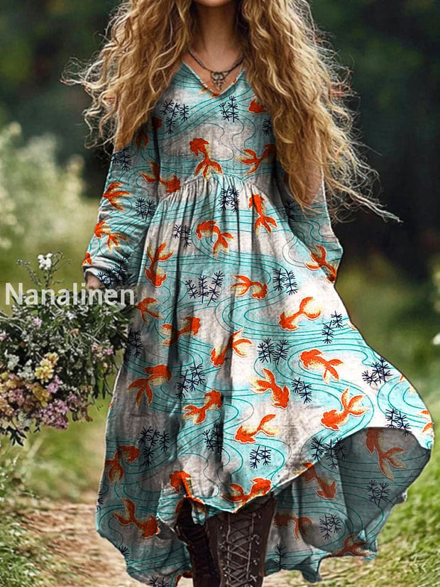 Ladies Fashion Elegant Brocaded Carp Art Floral Print V-Neck Long Sleeve Long Dress Light Blue / S