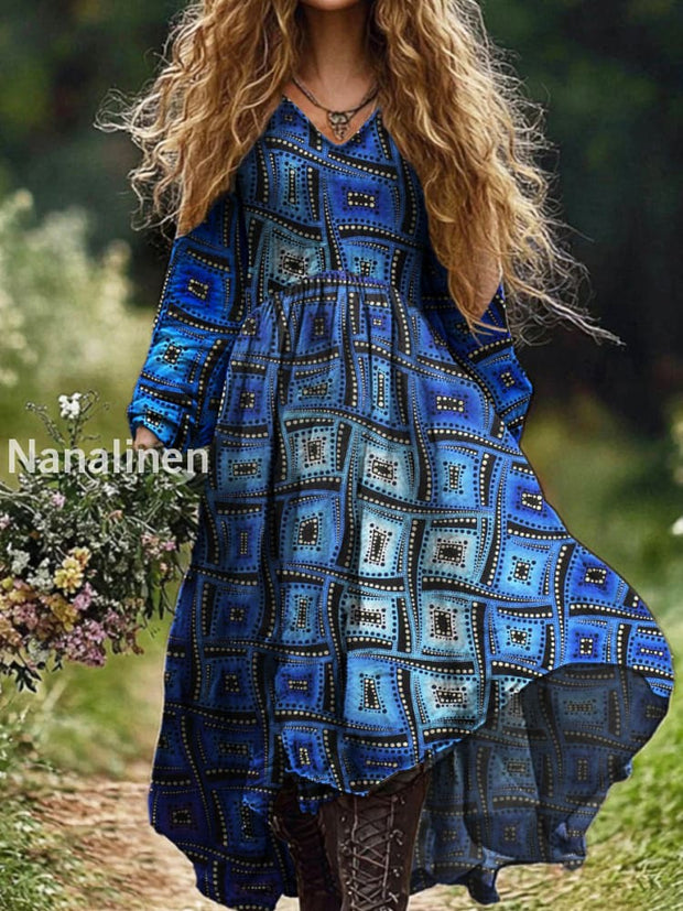 Ladies Fashion Geometric Abstraction Print V-Neck Long Sleeve Long Dress Navy Blue / S