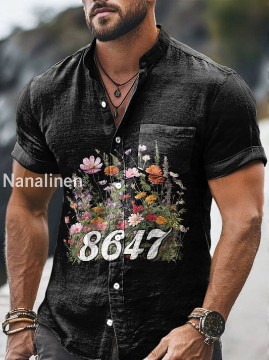 Men`s 8647 Flowers Print Cotton Casual Short Sleeve Shirt Black / S