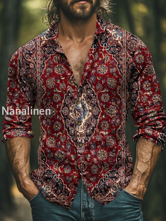 Men’s Bohemia Abstract Floral Print Art Casual Cotton Shirt Colorful / S