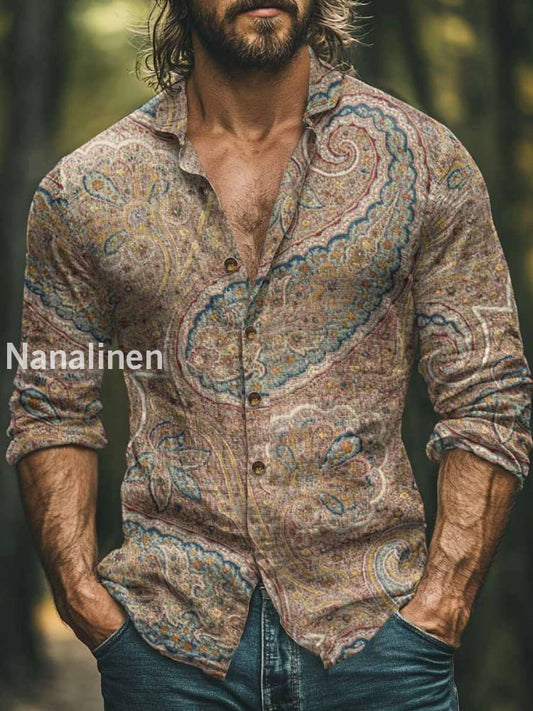 Men’s Bohemian Cashew Blossom Print Art Casual Cotton Shirt Colorful / S